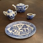 Vtg  Made In Japan Blue Willow 6 Pc Child   s Tea Set Fairylite Platter   Basket