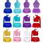 Us  Girl Dance Rhinestones Crop Top And Ruffles Feather Skirt Dancewear Costume