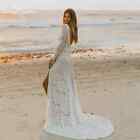 Boho Wedding Dress Side Slit Long Sleeves Backless Lace Beach Bridal Gowns Train