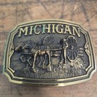 Michigan Brass Heritage Mint Vintage Belt Buckle 1978 Horses Farming Leather Bag