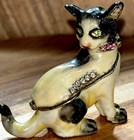 Vtg Siamese Cat Trinket Box Enamel W green Crystal Eyes Pink Crystal Collar 3x3   