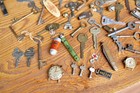 Antique Junk Drawer Lot Vintage Keys Pocket Knives Watches Trinkets Bells