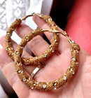 Lg Vintage Gold Tone Boxed Chain Link Wrapped Hoop Earrings Set With Rhinestones