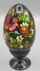 Vintage Russian Wooden Hand Painted Floral On Black Lacquer  4 Inch Tall Egg