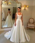Elegant Satin Wedding Dresses Square Neck Ruching Sweep Train A Line Bridal Gown