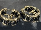 Auth Chanel Gold Tone Large Black Leather Hoop Cc Earring Very Nice