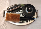 Vintage 4pc Black   Chrome Tone Vanity Set Art Deco Like Tray Brush Buffer Jar