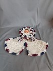 Vintage Bed Pillow Doll Hand Made Crochet Bonnet And Dress - Blue  maroon