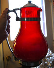 Vtg Ruby Red Glass Water Pitcher W Aluminum Lid   Banding Macbeth Evans C1932