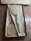 Vintage 3 Piece Vanity Set In Original Box Mirror Brush Comb Gold Tone Finish