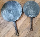 2 Antique French Copper Pot Splash Lids-9 1 8   7 5  D W casting Iron Handle 