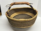 Vintage Extra Large Woven African Bolga Ghana Market Basket Leather Handle 18   