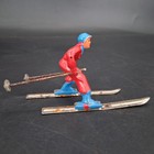 Vintage Barclay Lead Toy Downhill Skier Skiing Figure With Poles Red And Blue