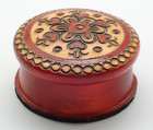 Vintage 2 75  Polish Wooden Lidded Trinket Box Folk Art Burned Design Pyrography