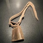 Antique Very Large Cow Bell With Leather Strap Rustic Old Vintage Metal