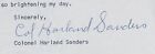 Colonel Harland Sanders Autographed 8 5 X 11 Kfc Typed Letter Signed Jsa Cert