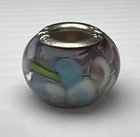 925 Sterling Silver Slide Bubble Bead Murano Glass Purple White Blue Flowers