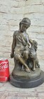 Vintage Girl With Dogs Bronze  Black Marble Base 15       Tall Statue Sculpture Art