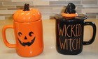 2 Rae Dunn Halloween Mugs Pumpkin   Witch W  Lids