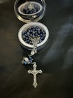 Blue Glass Pearl Rosary W  Crucifix   Miraculous Medal In Round Saint Case 
