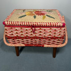 Vintage 60s Singer Wicker Woven Sewing Basket On Wooden Legs Raffia Floral Top