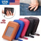 Rfid Blocking 9 Card Slots Leather Credit Card Holder W  Id Window Zipper Pocket
