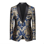 Men Blue Gold Jacquard Tuxedo Jacket Shawl Lapel One Button Wedding Party Blazer