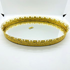 Vtg Oval Vanity Mirror Perfume Tray Gold Metal Filigree Hollywood Regency