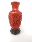 Actual Cinnabar  6  Vase Chinese Carved   Wooden Stand Antique Qing Lacquerware