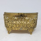 Vintage Gold Filigree Beveled Glass Oval Jewelry Casket Box Hollywood Regency