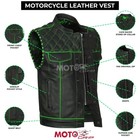 Men s Black Leather Vest Diamond Motorcycle Concealed Green Braided Waistcoat