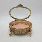 Vintage Jewelry   Casket Box Ormolu Filigree Gold Tone Cherubs Beveled Glass