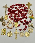 Vintage Religious Catholic Lot Rosary Medal Crucifix Mary Jesus Red Gold Tone