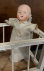 Antique Composite Baby Doll In Wood Crib All Orig Germany