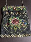 Antique Micro Beaded Floral Purse W  Jeweled Sterling Silver Frame Circa 1920   s