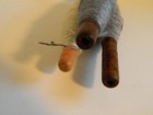 Lot Of 3 Vintage Wood Industrial Textiles Bobbins Quills Spools With Thread Blue