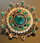 Vtg Antique Green Glass Faux Pearl Filigree Round Brooch Gold Tone Ornate Pin