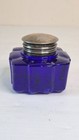 Antique Cobalt Blue Fluted Square Glass Inkwell Silver Tone Lid Heavy 2 75   
