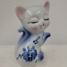 Vtg Ceramic Cat Kitten Figurine White Blue 5  Tall