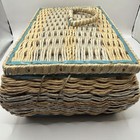 Vintage Dritz Woven Wicker Sewing Basket Box 10x4 6x7    Blue Lining 1950   s  See