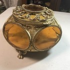 Ormolu Box Filigree Trinket Casket Vitrine 5-sided Beveled Amber Glass Vintage