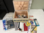 Vintage Mid Century Woven Sewing Basket Box Filled With Notions No Hook Closure