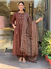 Women s Brown Cotton Anarkali Suit Set With Bandhani Dupatta   Mirror Work Kurta