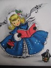 Unused 1950s Vintage Greeting Card Hallmark Christmas Girl In Blue Coat Caroling