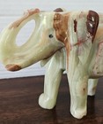 Banded Onyx Trunk Up Elephant   Hand Carved Sculpture   Green Brown Large