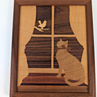 Vintage Inlay Wood Marquetry  Folk Art Window Cat Bird Tree Primitive Farmhouse