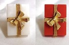 2 Vintage Avon Lucite Present Red   White W gold Bow Gift Box Lapel Pin Tie Tack