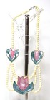 Lee Sands Vntg Ivory Bakelite Necklace Earring Set Floral Pink Pearl Inlay Retro