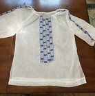 Vintage Mexican Embroidered Peasant Blouse Cobalt Blue Mocking Boho Folk Tunic