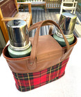 Vintage Thermos King Seeley Picnic Set Box 2 Metal Thermoses W  Plaid Bag 1970 s